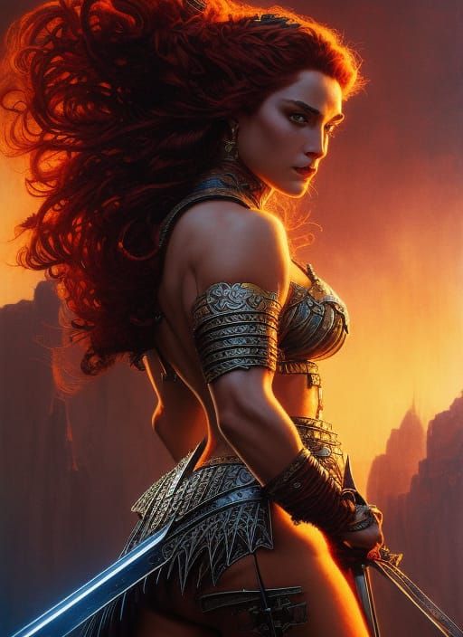 Epic Dark Fantasy Art of Red Sonja in Hyperrealistic Color C...