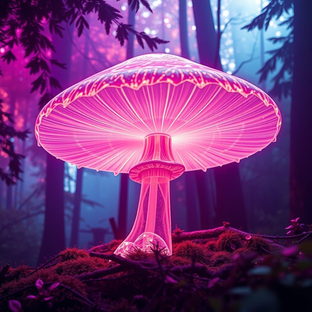 Surreal X-Ray Mushroom in Neon Forest