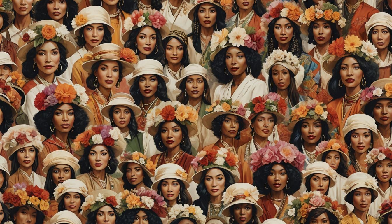 A wide film strip featuring portraits of six different females of varying ethnicities, all dressed in identical outfits ...