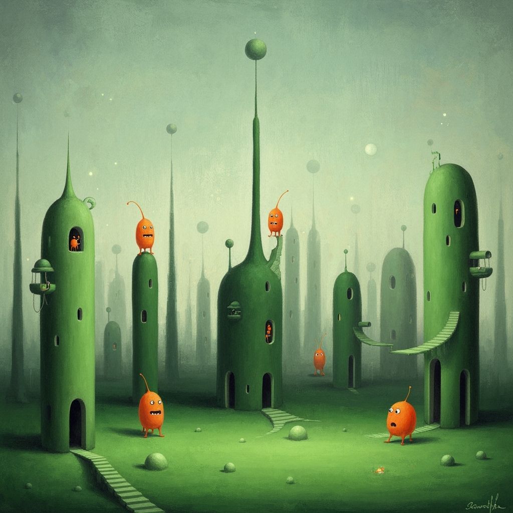 Surreal Green Retro-Futuristic City with Orange Creatures