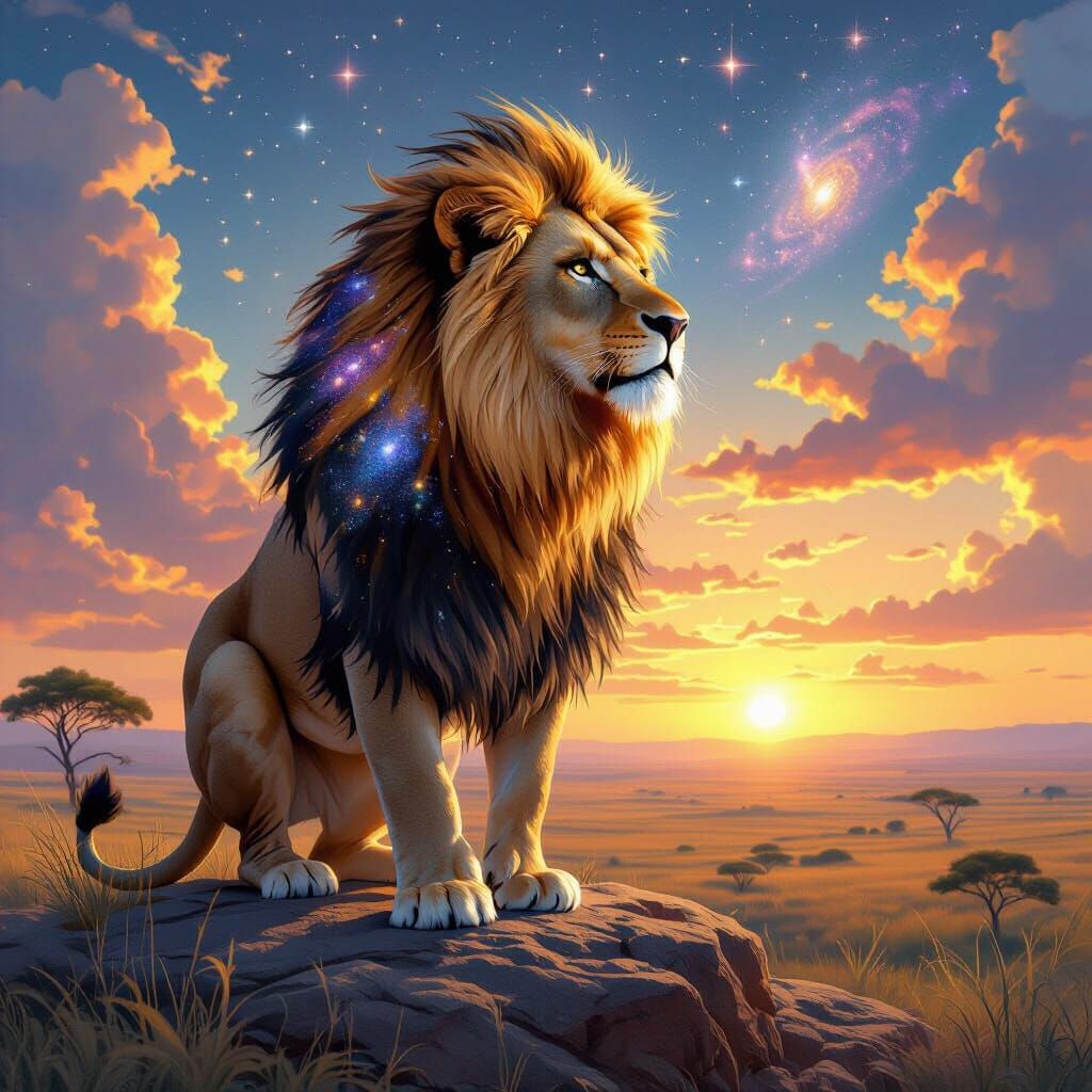 Galactic Lioness Surveys Savanna in Hyperrealistic Style