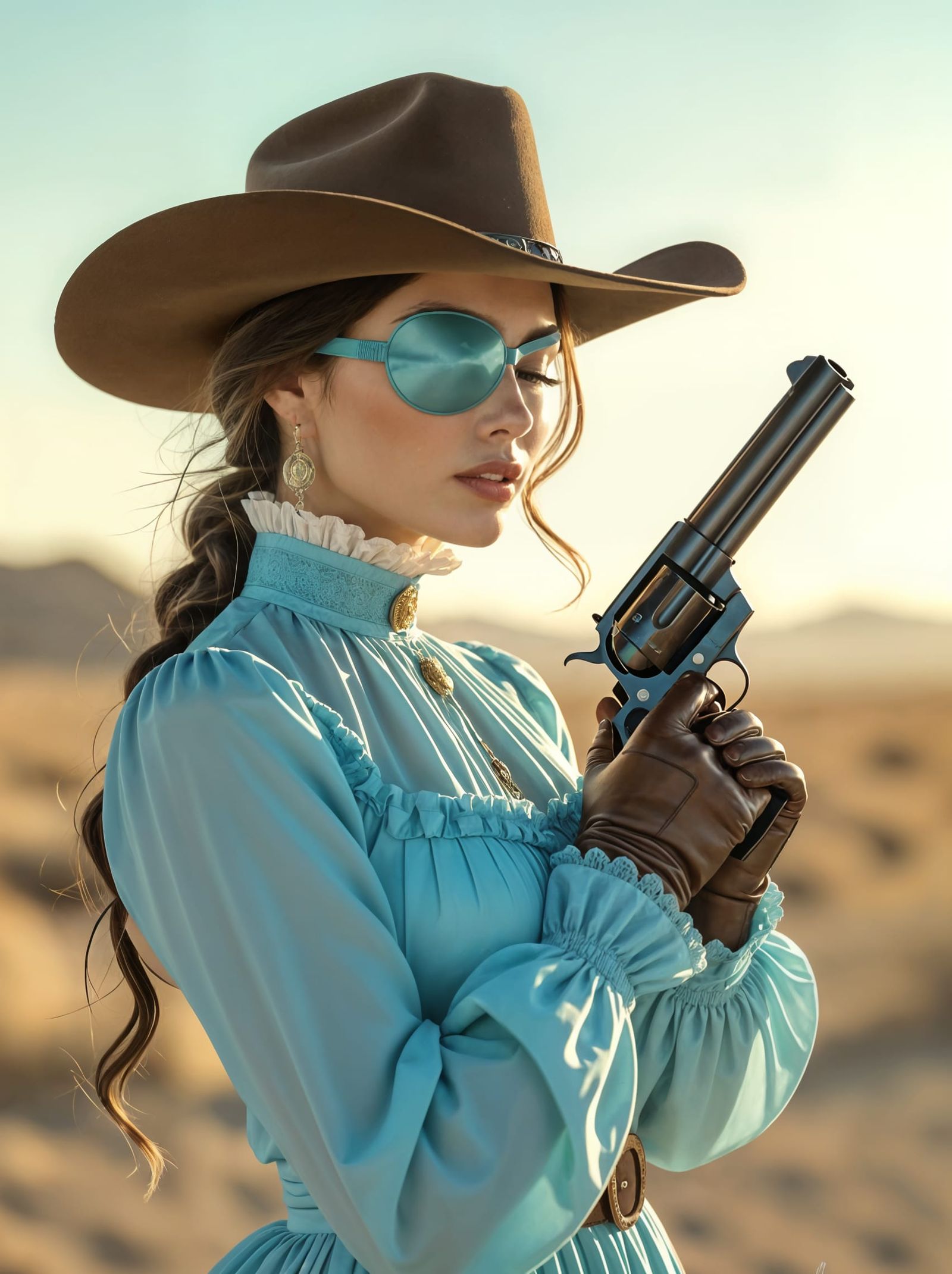 Cowgirl Kissing Revolver at Sunrise in Spaghetti Western Sty...