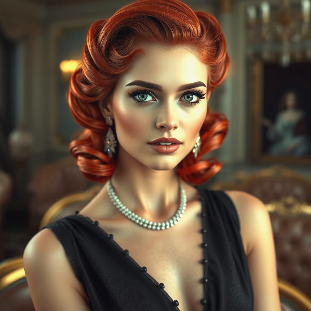 hyper realistic a beautiful woman with an elegant and glamorous appearance. She has striking, red hair styled in vintage...