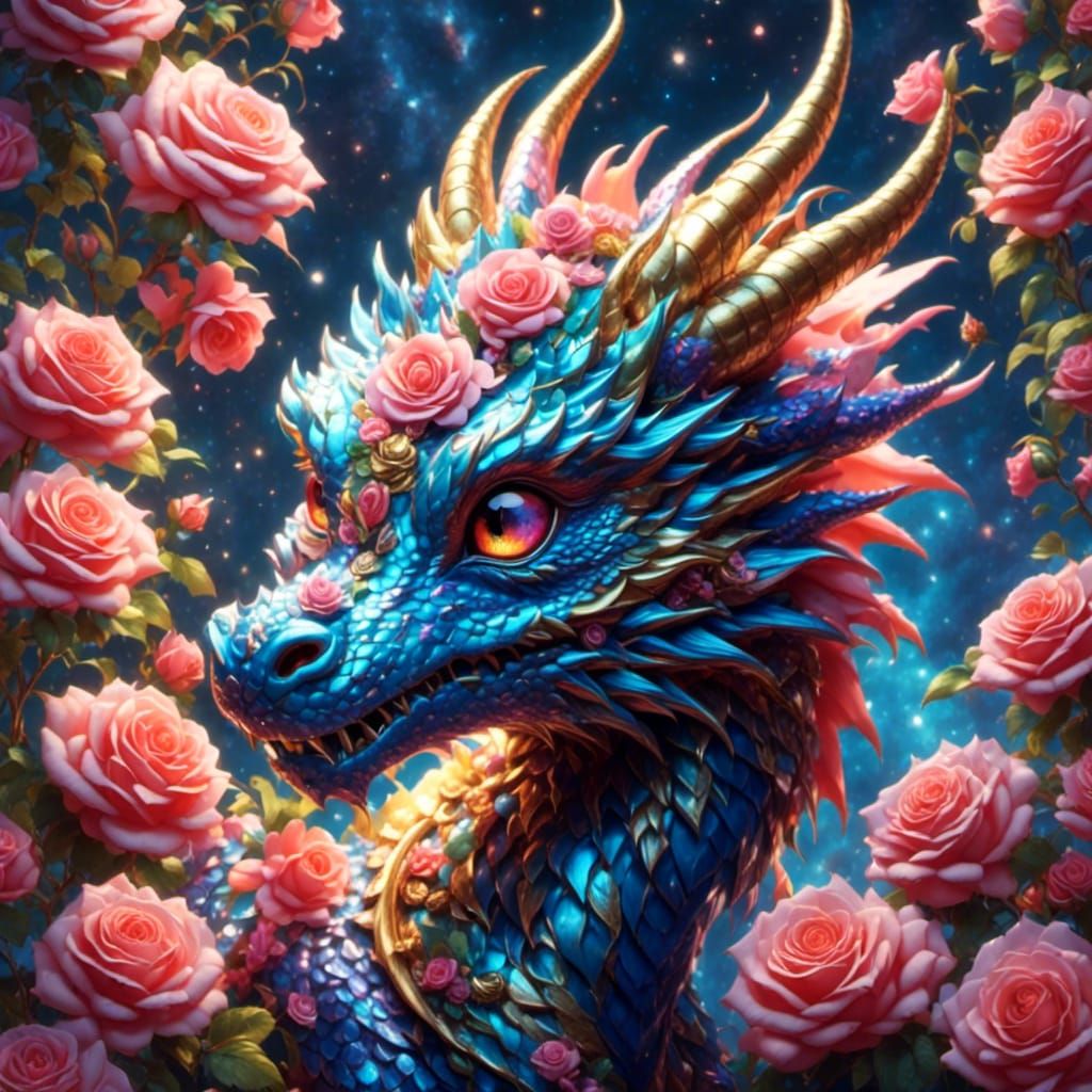 Anime Dragon Portrait with Roses and Galaxy