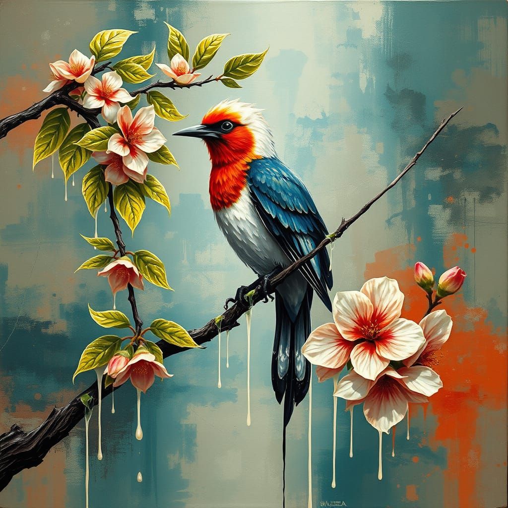 Majestic Bird Perched on Blossoming Tree in Thick Textured S...