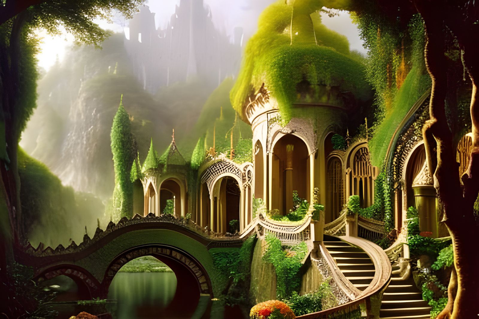 Detailed Painting of Rivendell's Elven City