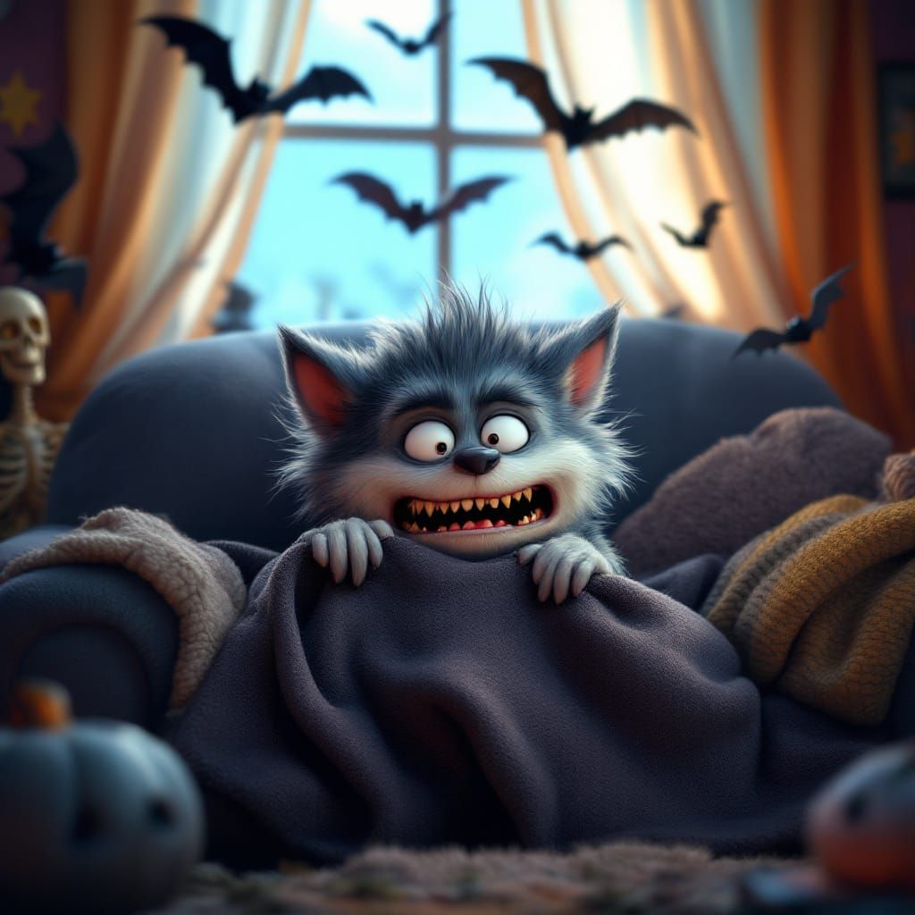 Timid Werewolf Scared in Haunted House CGI Illustration