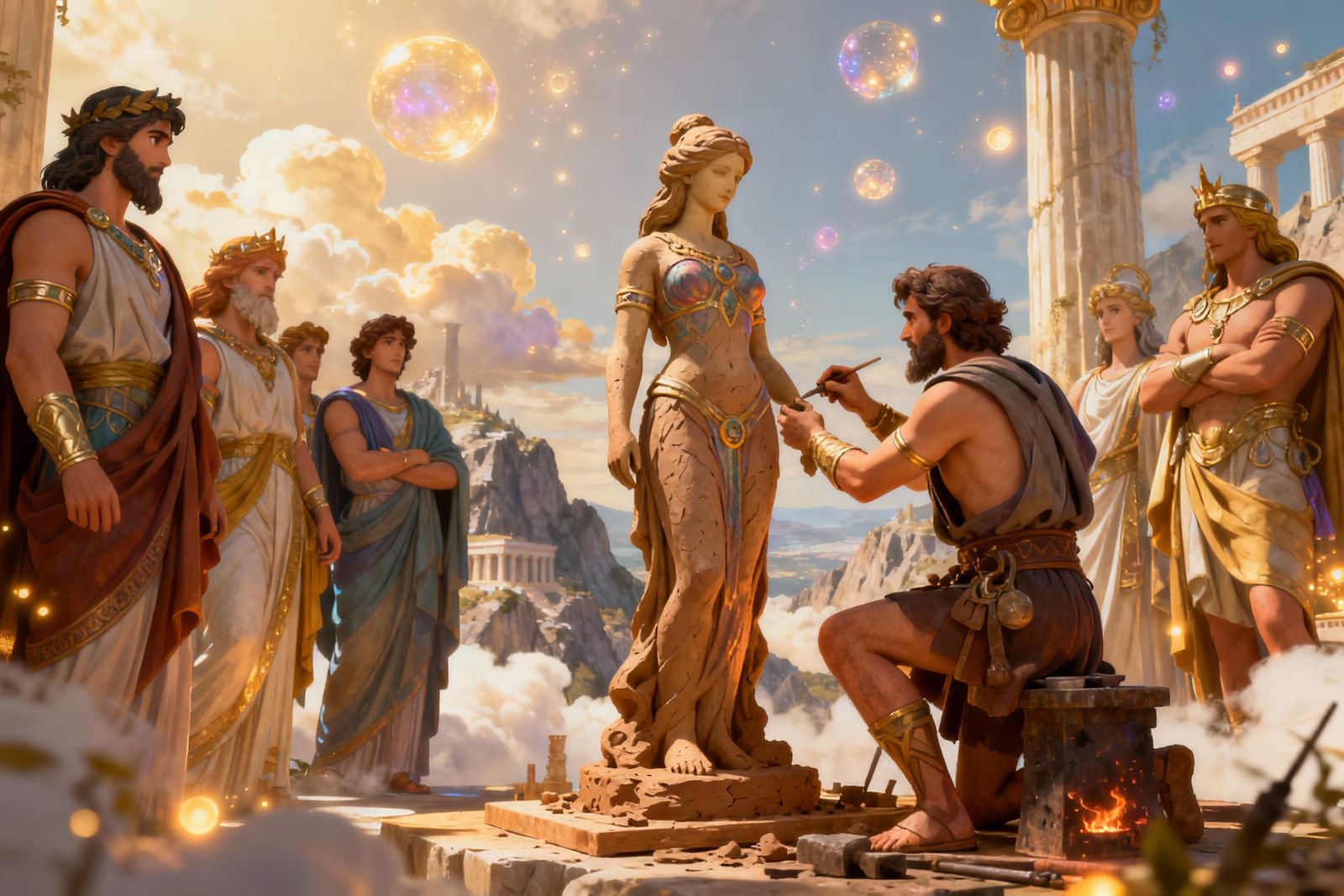 Hephaestus creating the clay statue of the stunningly beauti...