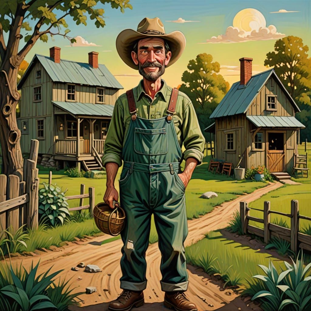 Rustic Hillbilly in Earthy Tones, Cartoonish Style