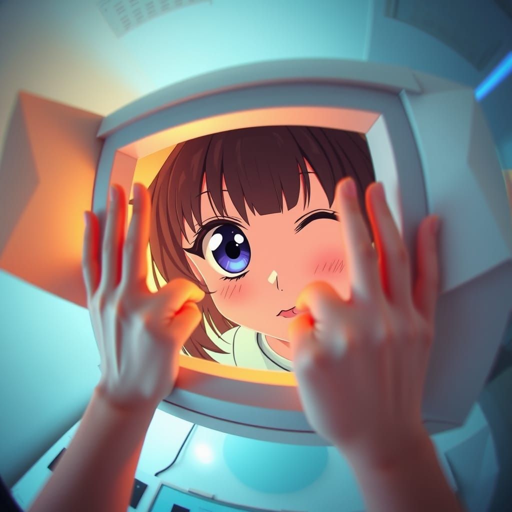 Girl in Fisheye Lens, Gripping Computer Monitor with Suspici...