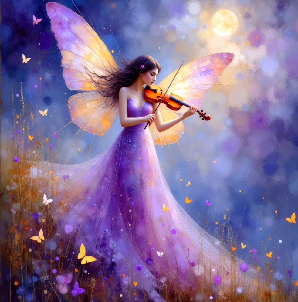 Ethereal Fairy Plays Violin Under Misty Twilight