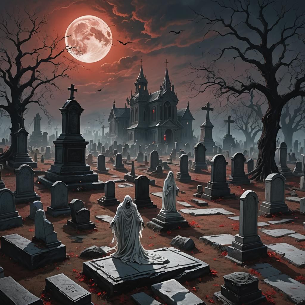 Graveyard Ghosts Rising Under Red Moon, Dark Fantasy Art