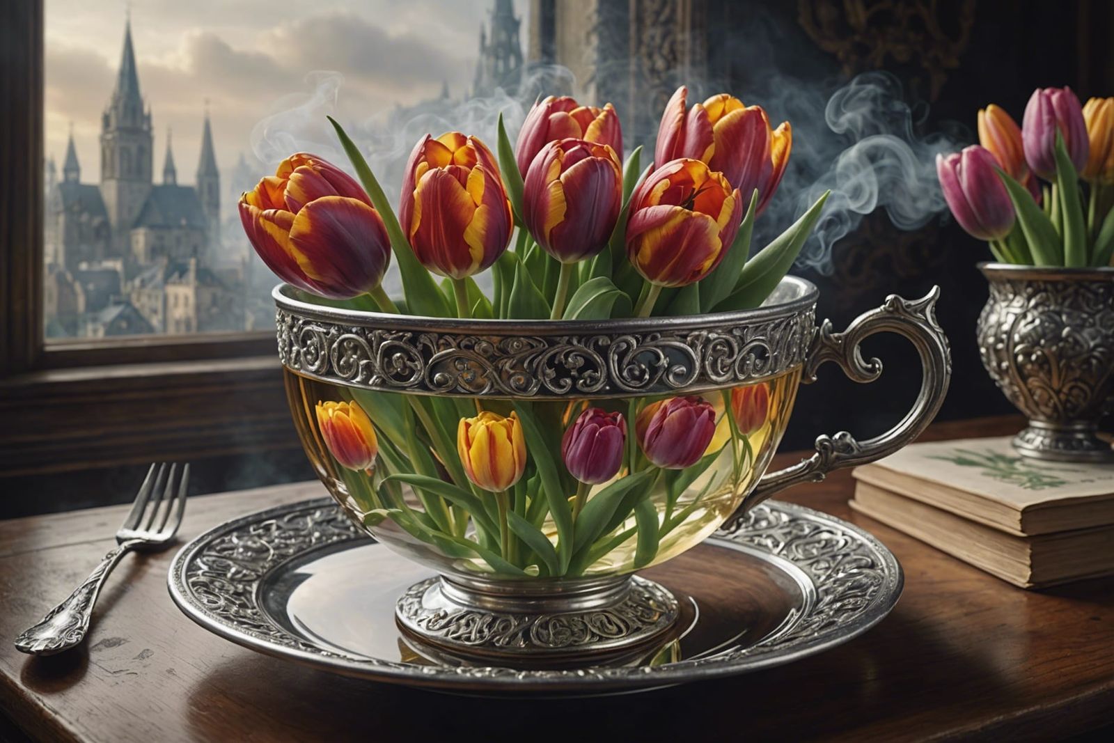 Tulips in Glass Teacup: Photorealistic Fantasy