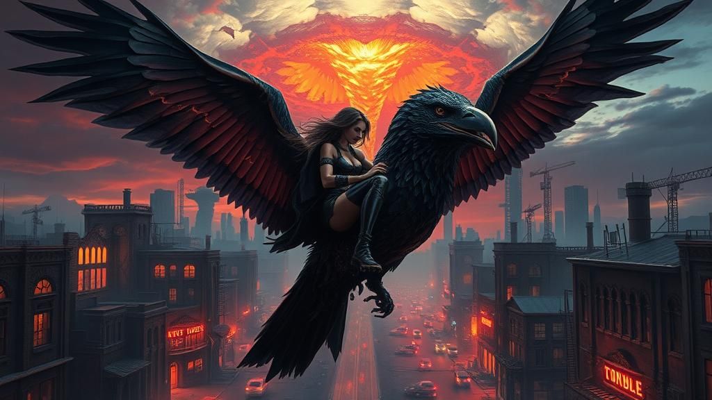 Cyberpunk Warrior Rides Raven Through Ruined City