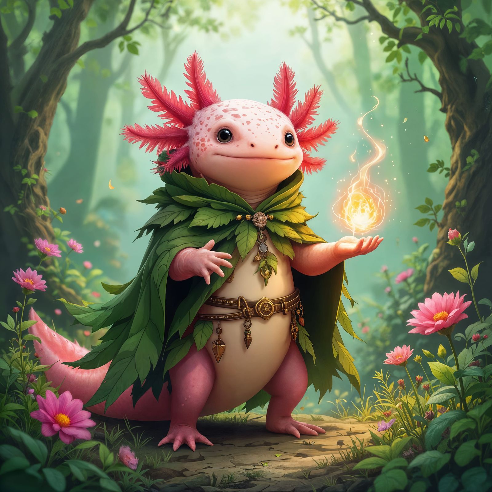 Axolotl Druid Casting Magic in Mystical Forest