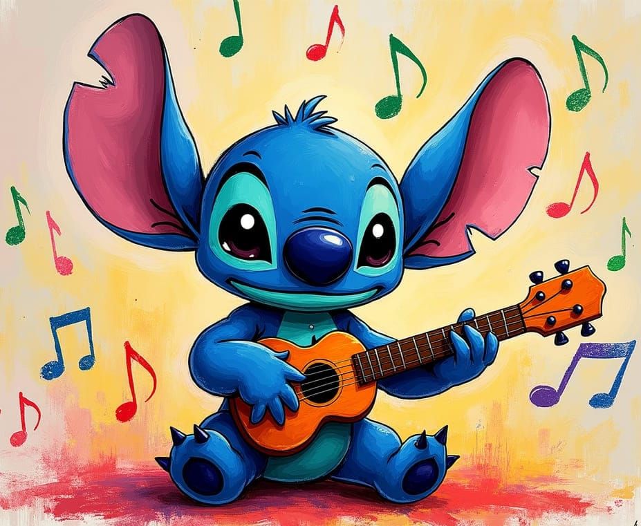Happy Stitch Crayon Drawing with Ukulele