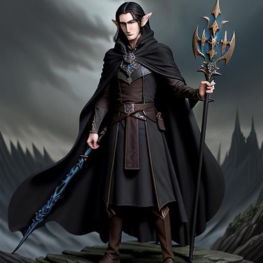 High Elf Sorcerer in Black Cloak Academic Art