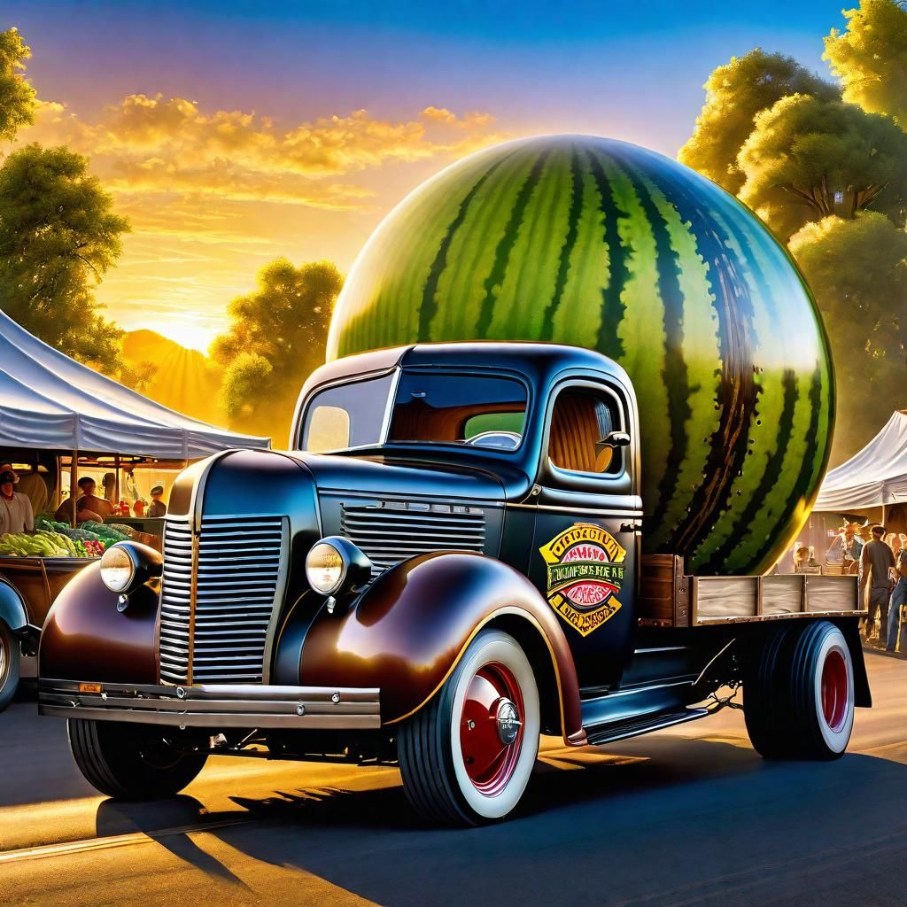 Rat Rod Truck Hauling Giant Gourd at Golden Hour