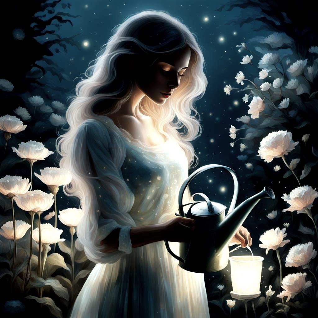 Ethereal Silhouette: Woman and Glowing Flowers in Mystical N...