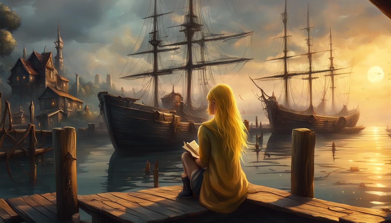 Girl at Dock Reading: Dark Fantasy Art