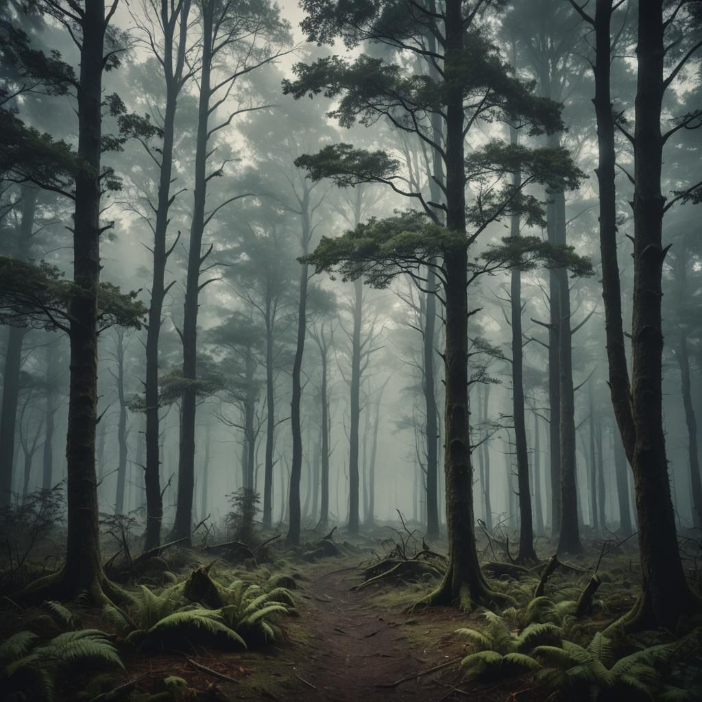 Misty Dark Forest: Cinematic Film Still