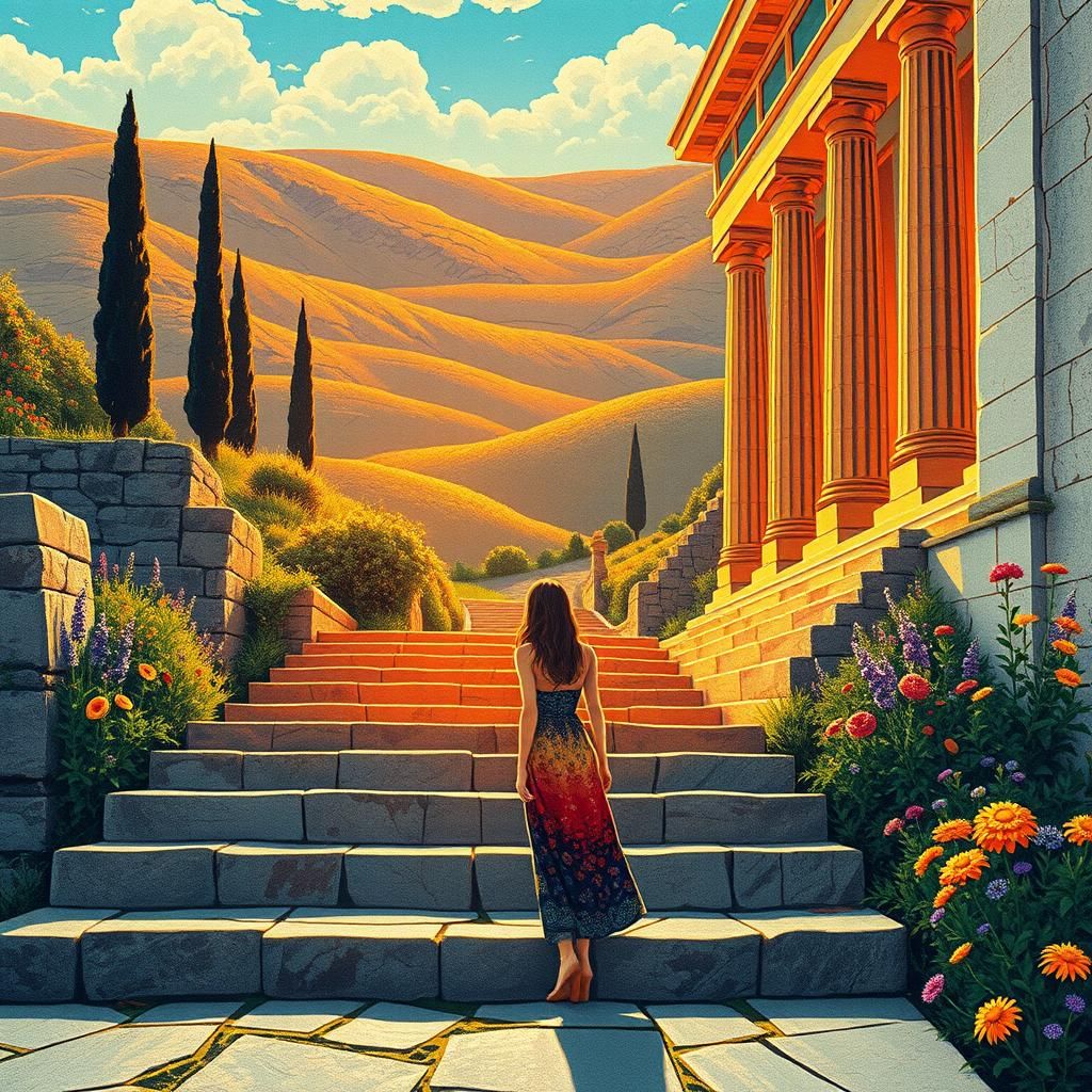 Woman on Ancient Steps in Art Deco Style