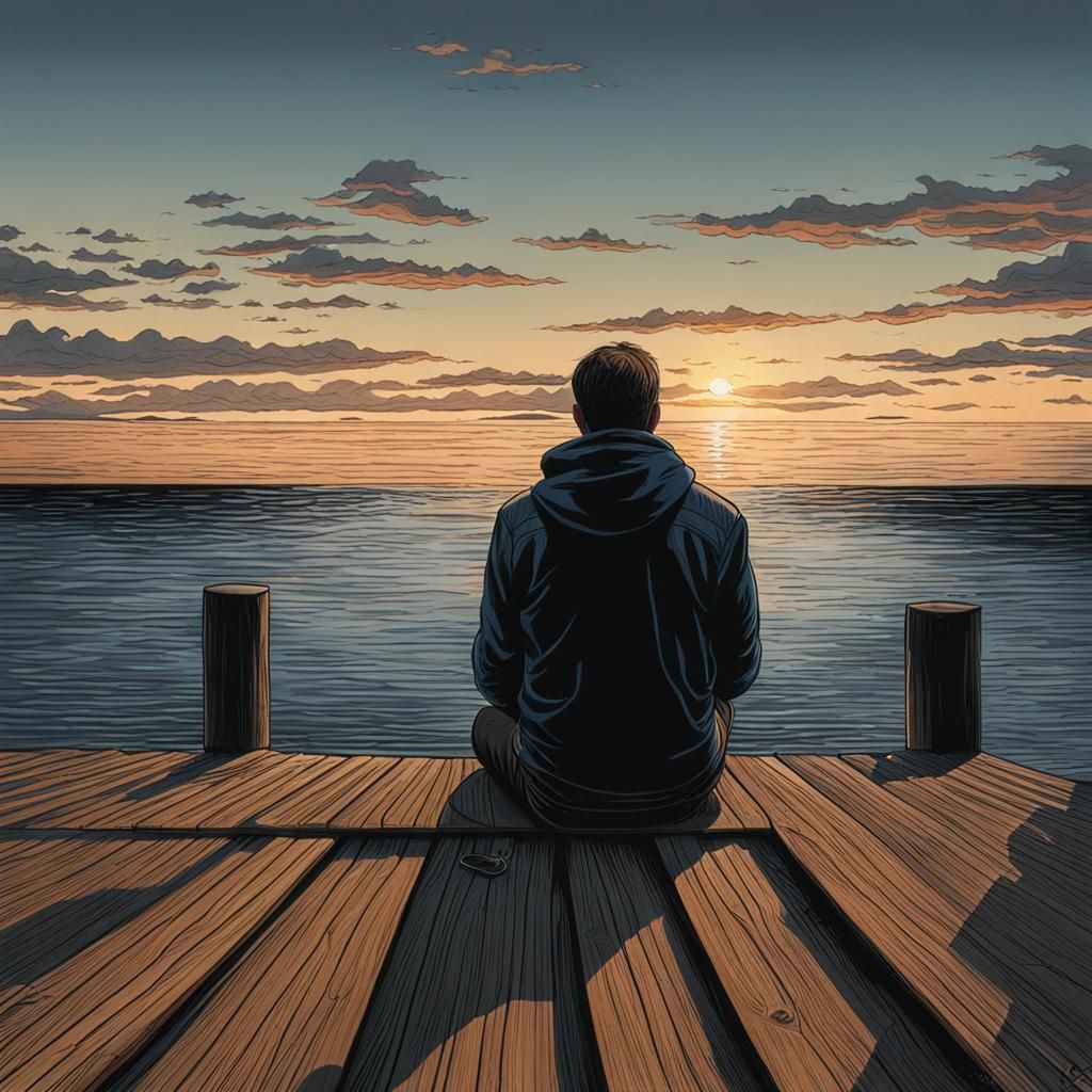 Person on Dock at Dusk in Cel-Shaded Style