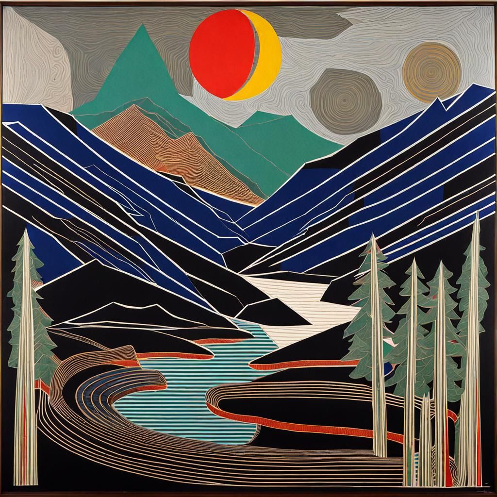 Epic Abstract Mountainscape with Owl and Moon