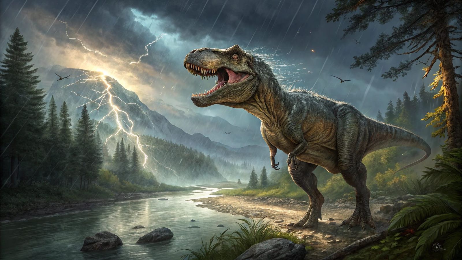 Dramatic Watercolor Portrait of a Tyrannosaurus Rex in a Sto...