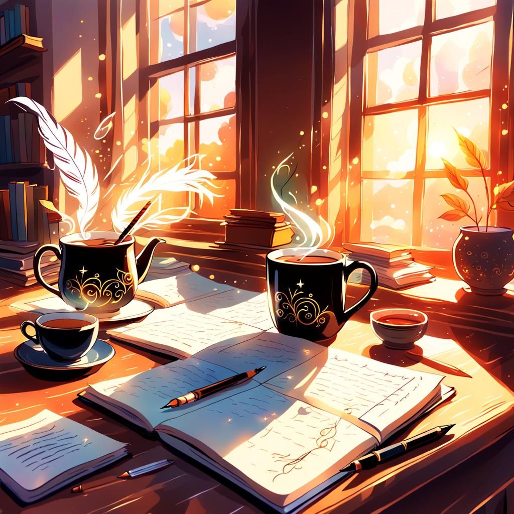 Surreal Anime Writer's Desk amidst Golden Light