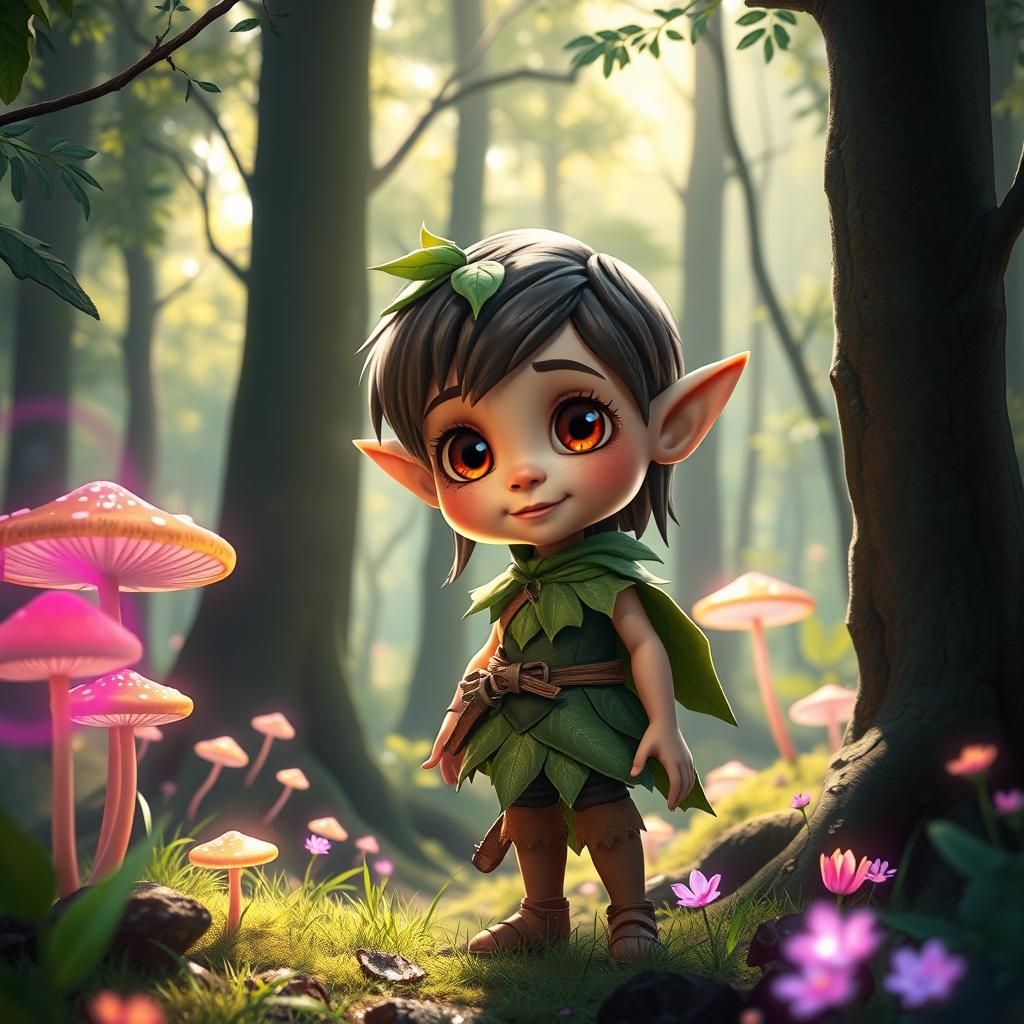 Wood Elf Girl in Bioluminescent Forest, Hyperrealistic Art