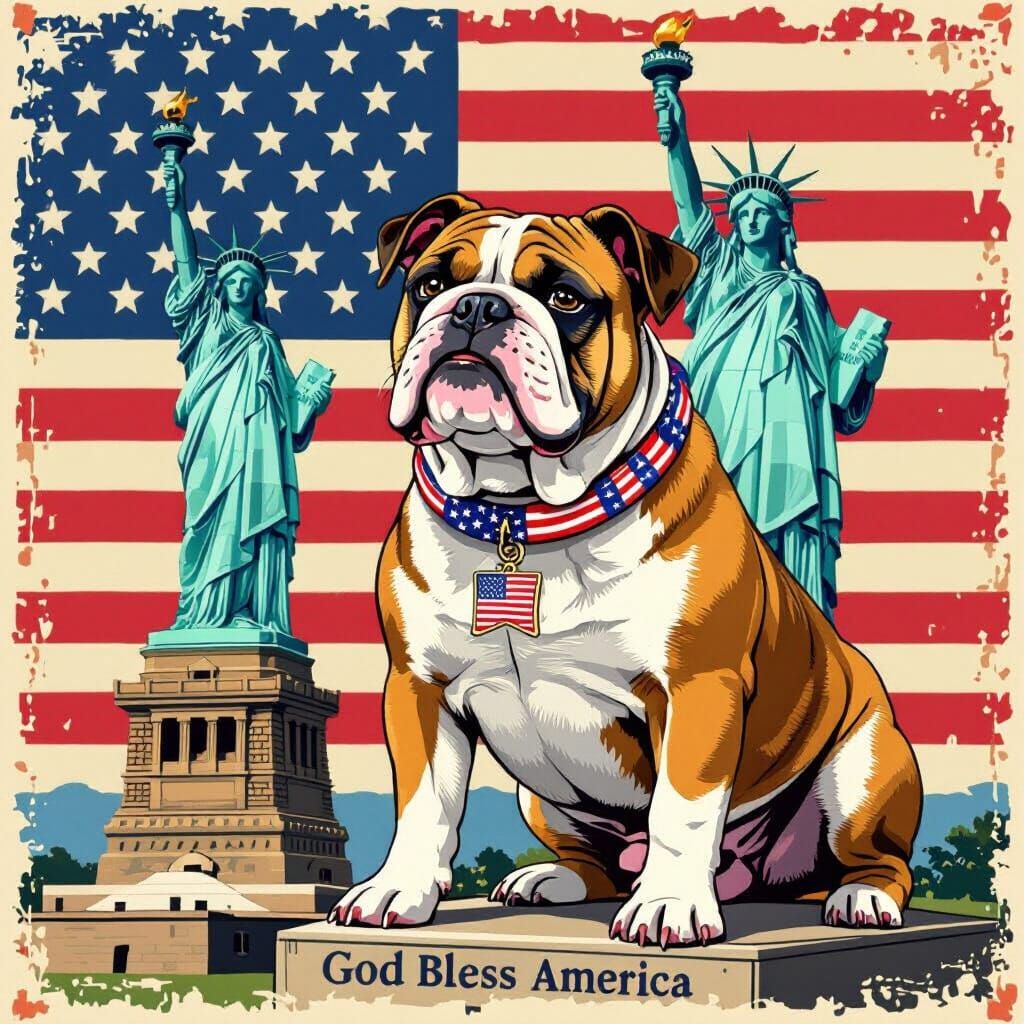Patriotic Bulldog with Statue of Liberty