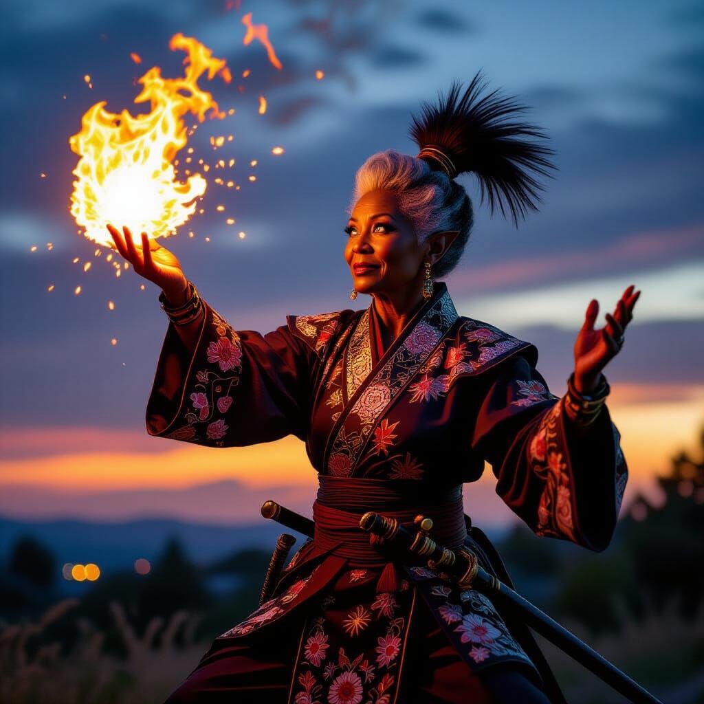 Elderly Squirrel Ninja-Magician Casting Fireball with Golden...