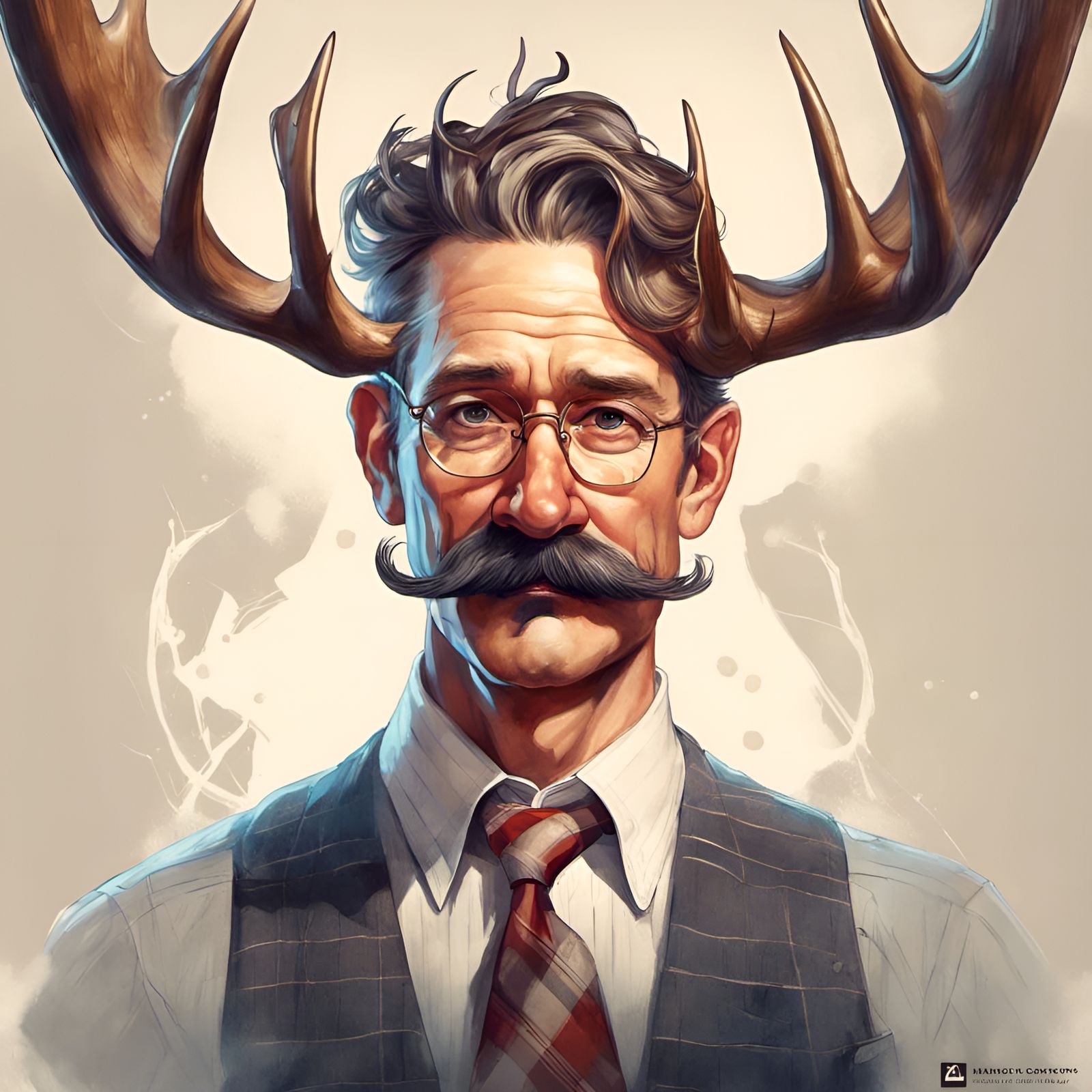 Moose Antler Mustache Portrait in Digital Illustration