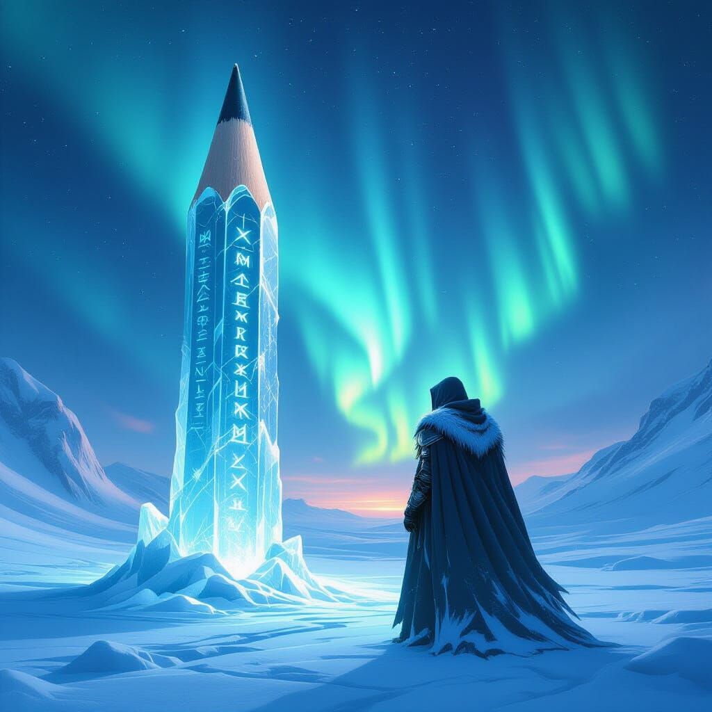 Snow Warrior Before Giant Petrified Pencil Under Aurora