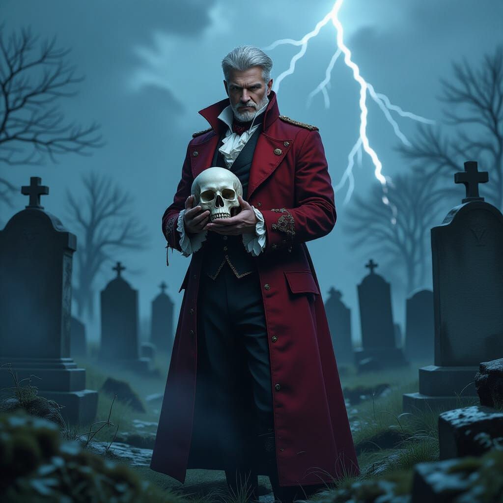 Victorian Man in Stormy Graveyard with Skull