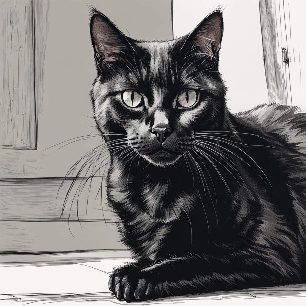 Black Cat Sketch Stares Intently