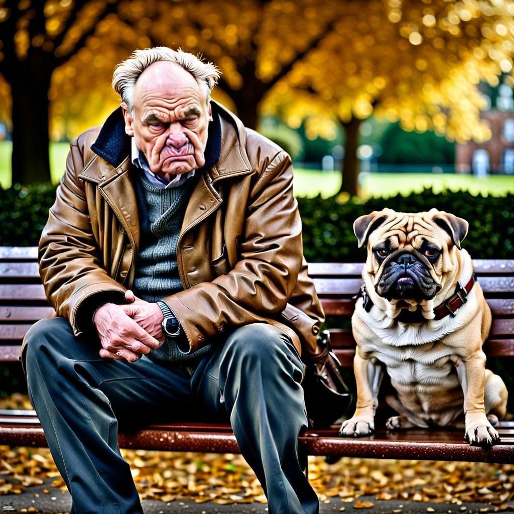 British Bulldog and Man on Park Bench