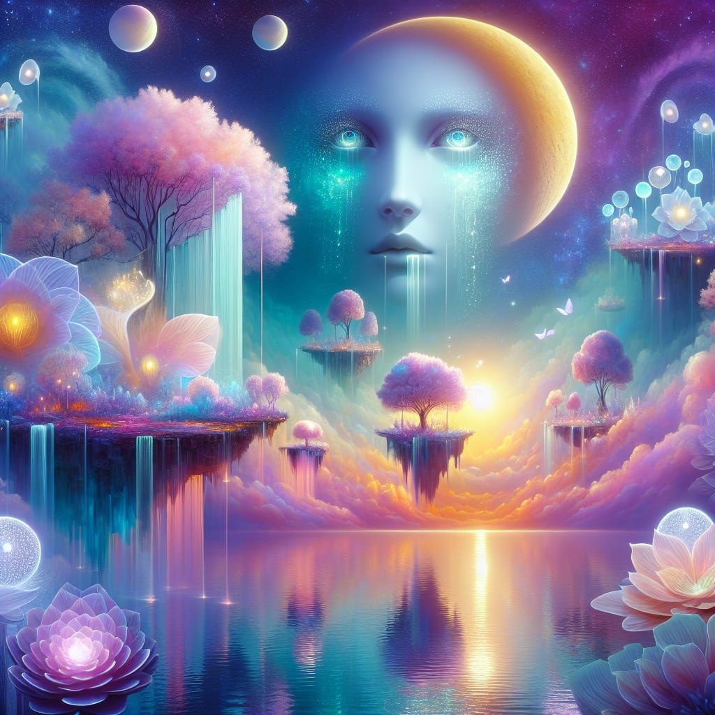 Surreal Dreamscape with Floating Islands and Human Face