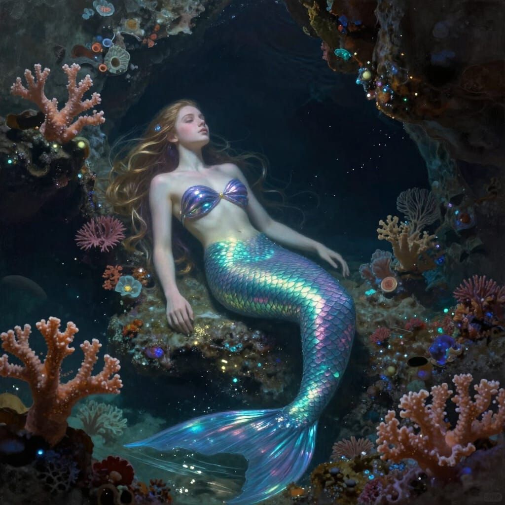 Mermaid Resting in Bioluminescent Underwater Cave
