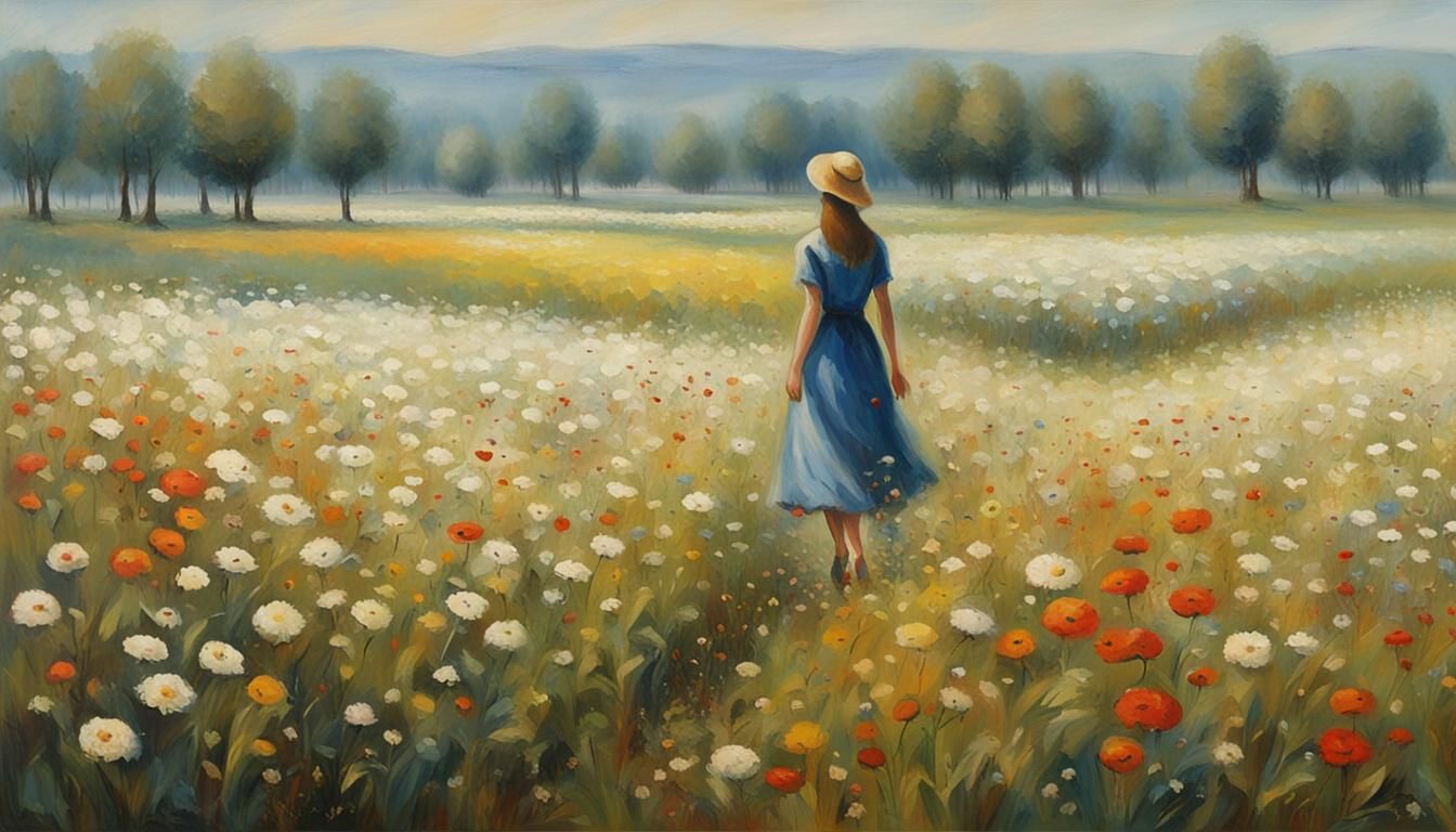 Lady in Flower Field: Penovac-Style Watercolor