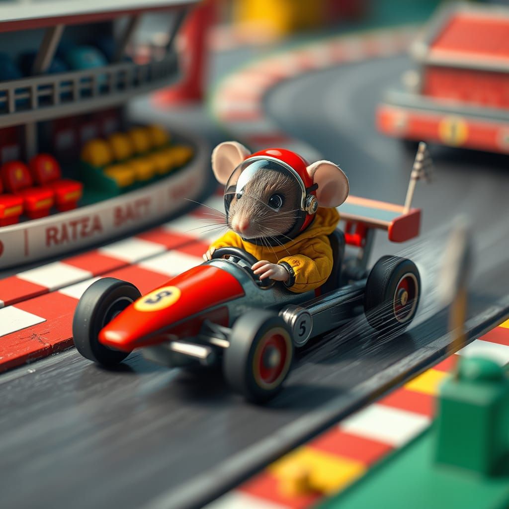 Mouse Driver Races on Toy Track, Hyperrealistic Style
