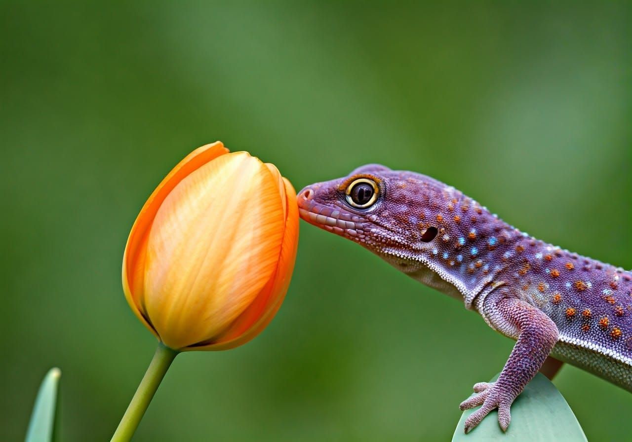 Cute Purple Lizard Smells Orange Tulip in Wildlife Photograp...