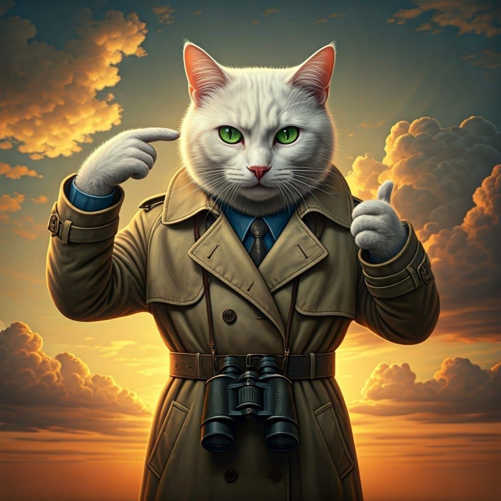 Realistic Anthropomorphic Cat Spies on You in Sunset
