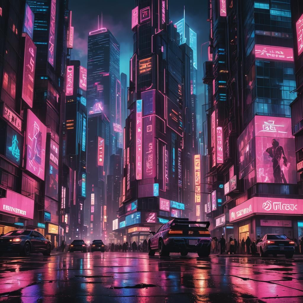 Cyberpunk Cityscape at Dusk in Neon Lights
