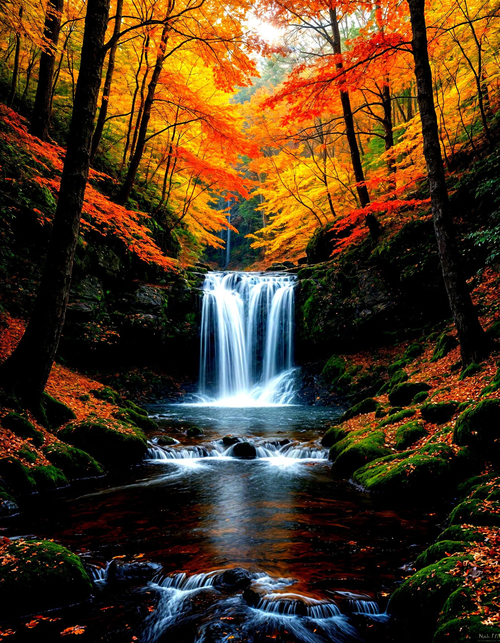 Glowing Autumn Waterfall in Enchanted Forest