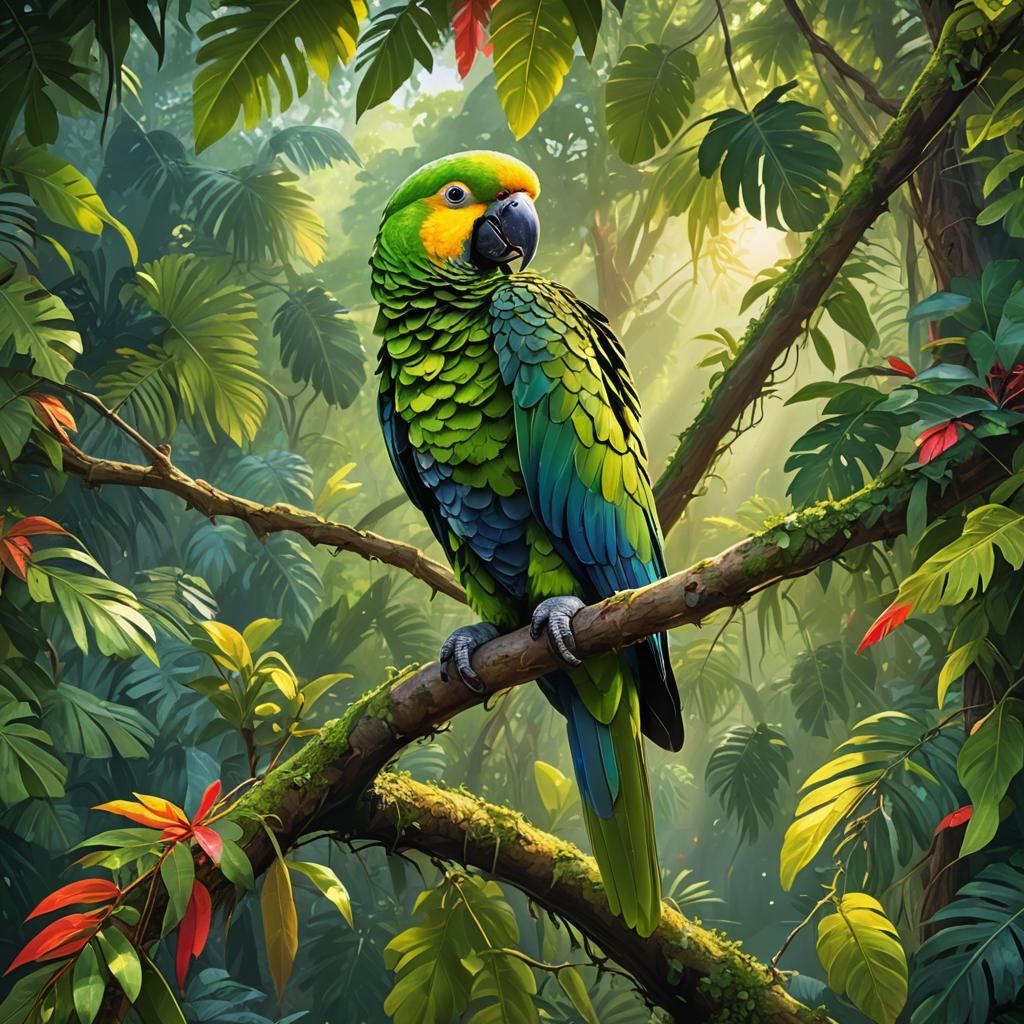 Amazon Parrot in Lush Forest: Digital Painting