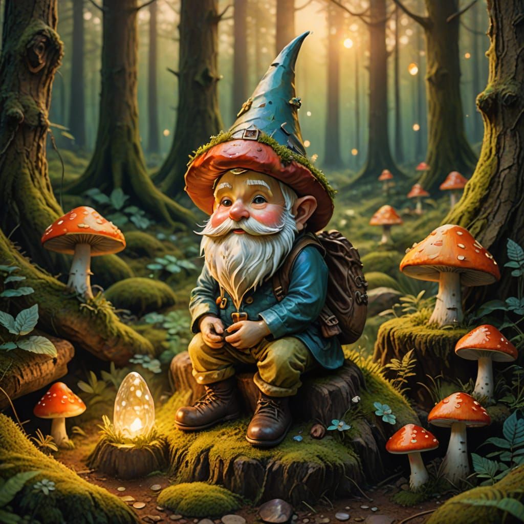 Whimsical Fantasy Gnome in Cozy Forest Scene