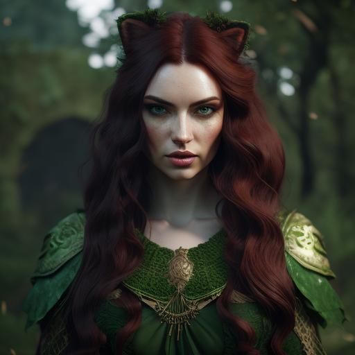 Woman with Red Hair in Green Fantasy Outfit