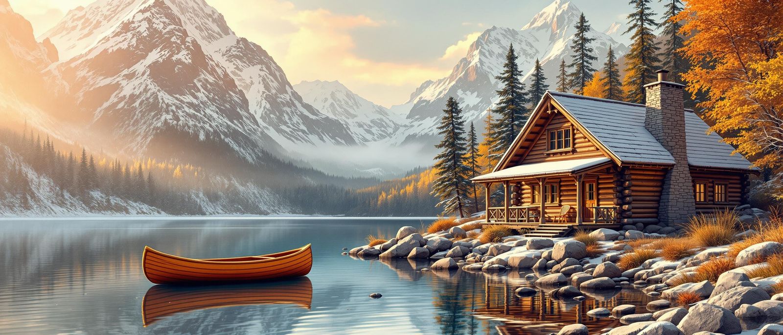Autumn Cabin on Alpine Lake Illustration